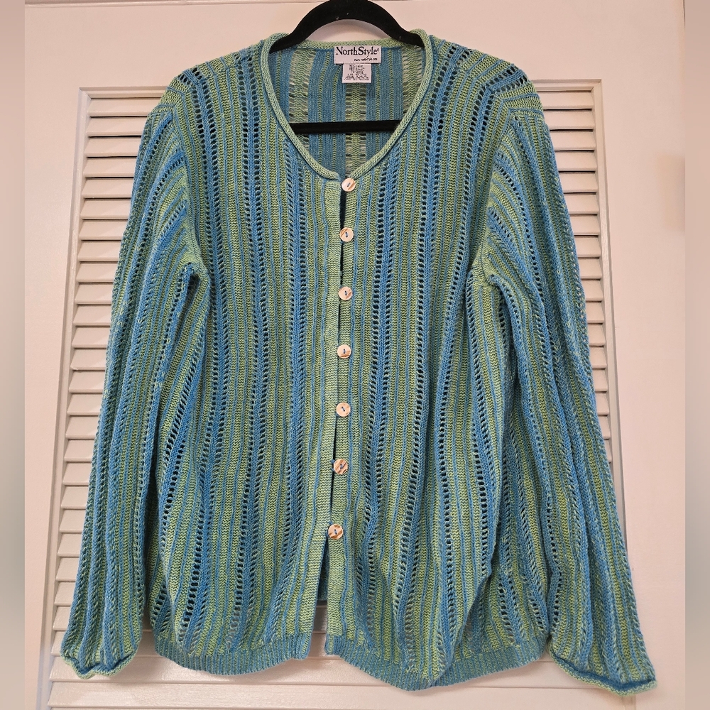 NorthStyle - Blue & Green Vintage Long-Sleeve Knit Sweater Cardigan With Buttons
